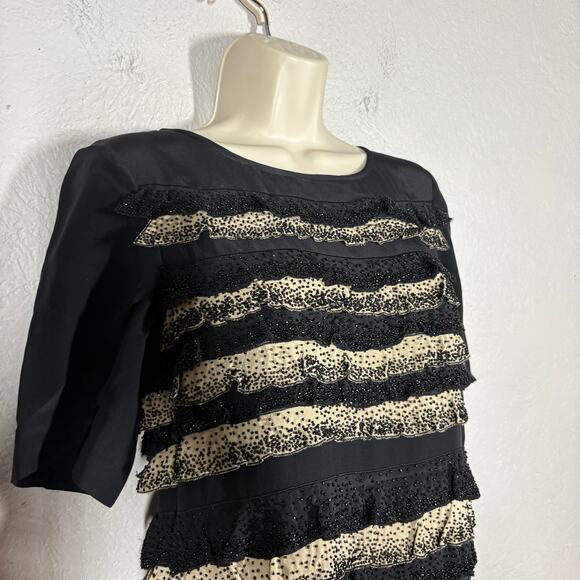 Tory Burch Beaded Silk Dress Tiered Sheath Black Tan Short Sleeve Heavy - 6 - Picture 9 of 11